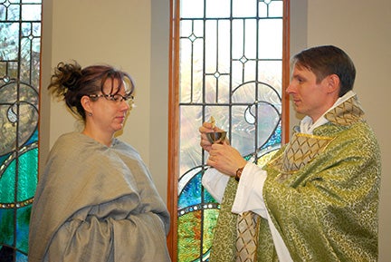 Two people participating in mass re-enactment