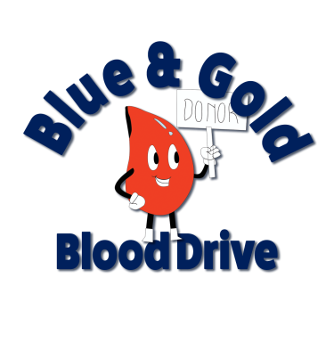 Blue & Gold Blood Drive Logo-Blood drop carrying a sign